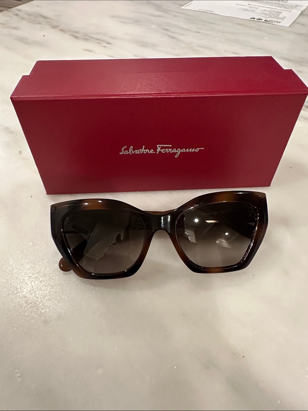 Salvatore Ferragamo Tortoise Sunglasses with Case & Red Presentation Box